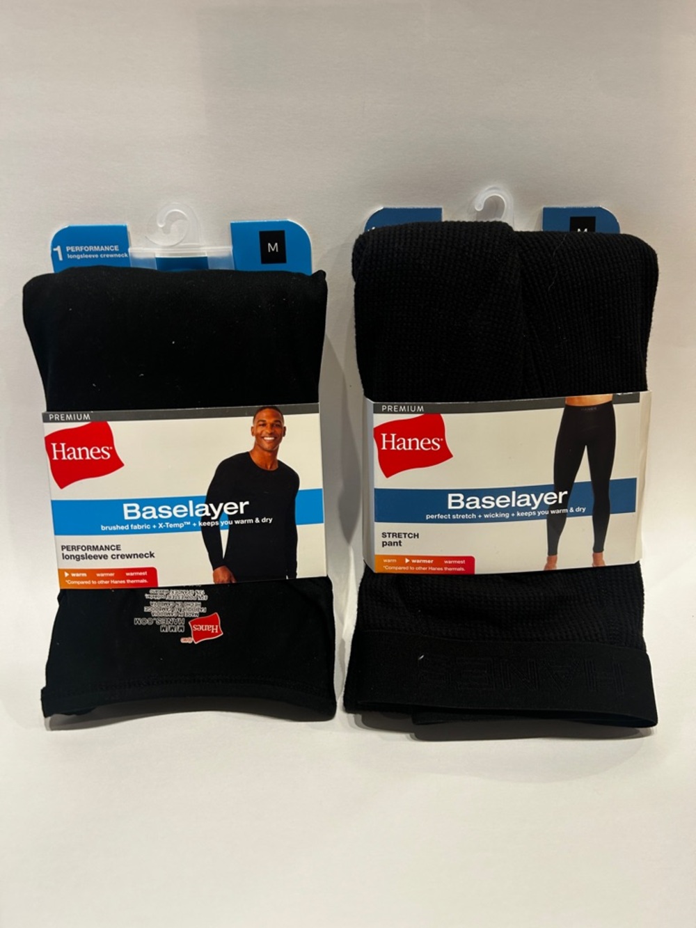 Hanes Mens Black Baselayer Performance Set Longsleeve Crewneck & Stretch Pant M